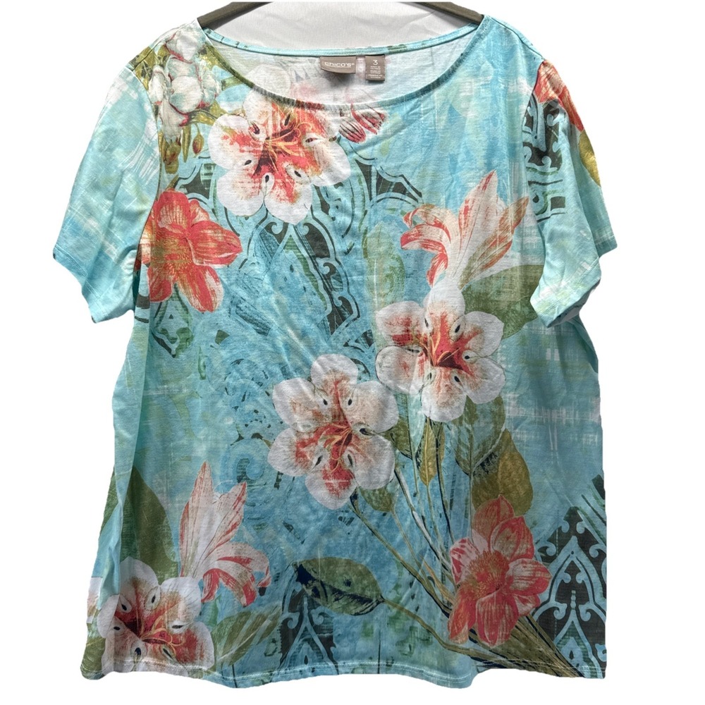 Chicos Women's Top Size XL Blue Orange Floral Short Sleeve Pullover Tropical